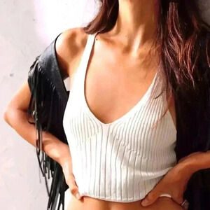 Free People Off-White Deep V-Neck Sleeveless Knit Top, see measurements